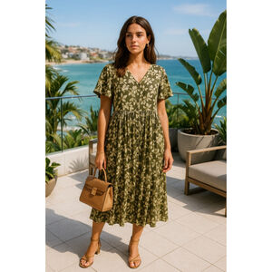 Woman Within Midi Dress Neutrals Button Down V Neck Boho Cottagecore Summer